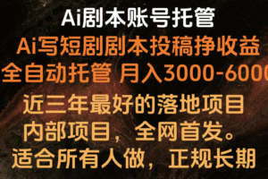 内部落地项目，全网首发，Ai剧本账号全托管，月入躺赚3000-6000，长期稳定好项目。