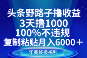 头条野路子撸收益，3天撸1000，100%不违规，复制粘贴月入6000＋