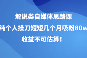 解说类自媒体思路课，纯个人操刀短短几个月吸粉80w，收益不可估算！