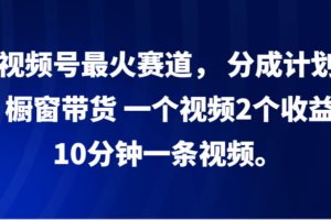 视频号最火赛道， 分成计划， 橱窗带货，一个视频2个收益，10分钟一条视频。