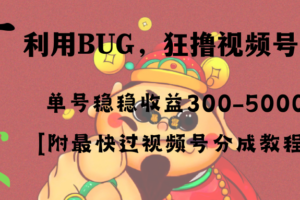 （8549期）全网独家首发，视频号BUG，超短期项目，单号每日净收益300-5000！