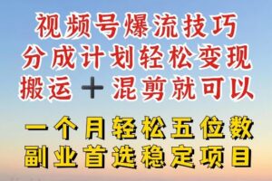 视频号爆流技巧，分成计划轻松变现，搬运 +混剪就可以，一个月轻松五位数稳定项目【揭秘】