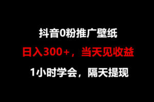 日入300+，抖音0粉推广壁纸，1小时学会，当天见收益，隔天提现