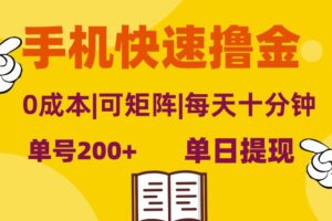 （13090期）手机快速撸金，单号日赚200+，可矩阵，0成本，当日提现，无脑操作